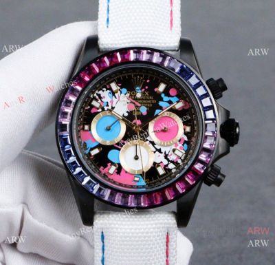 Rolex Daytona Rainbow Replica Watch Graffiti Dial White Leather Strap